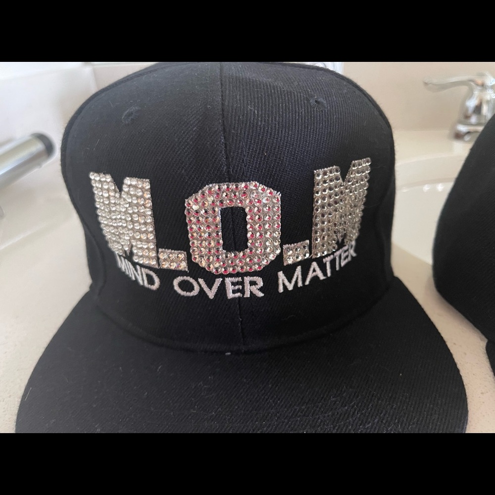 Custom fabric hip-hop caps. One w/rhinestones. One w/white stitching.